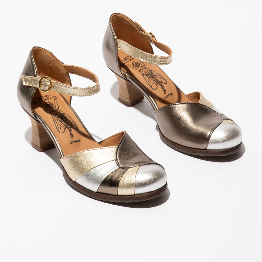 Fly besho graphite/silver/gold heeled shoe
