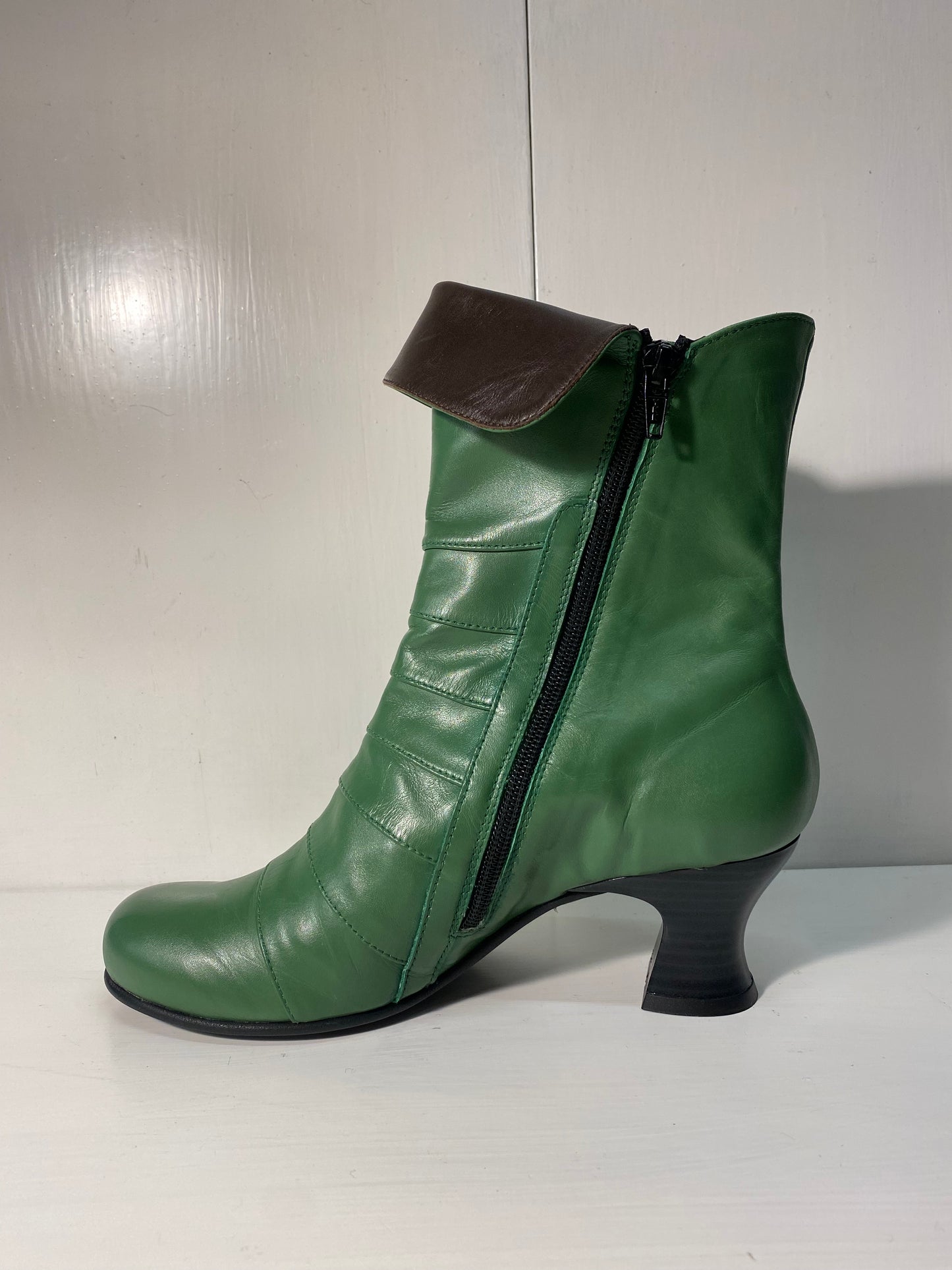 Vladi 1222 green mid zip boot brown button and trim - Imeldas Shoes Norwich