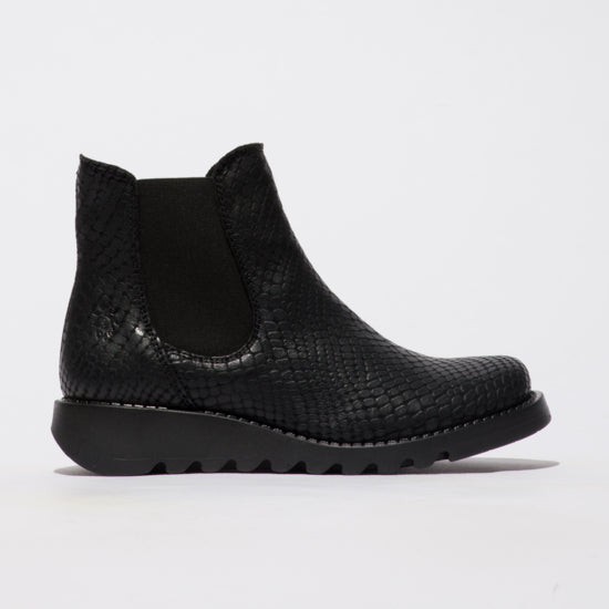 Fly salv black croc leather chelsea ankle boots