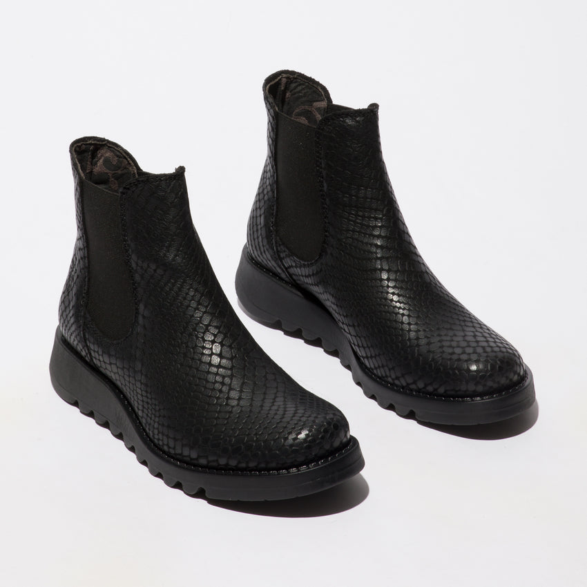 Fly salv black croc leather chelsea ankle boots