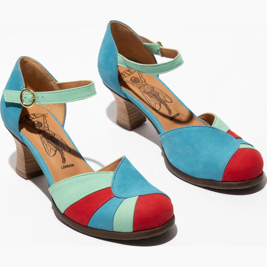 Fly Besh blue scarlet graphite heeled shoe
