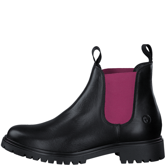 Tamaris 1-25070 black leather chelsea boot with pink elasic