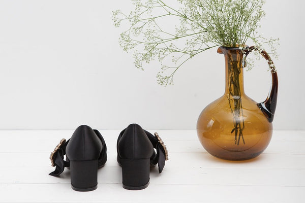 Patty Black Silk Mary Janes with Crystal Buckle - Imeldas Shoes Norwich