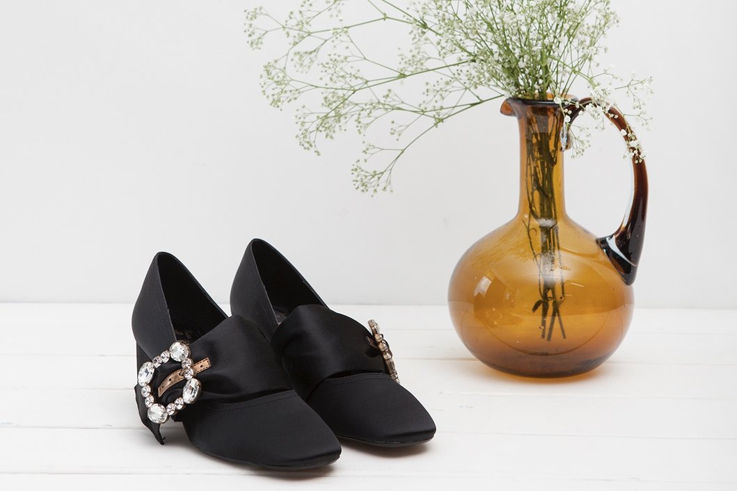 Patty Black Silk Mary Janes with Crystal Buckle - Imeldas Shoes Norwich