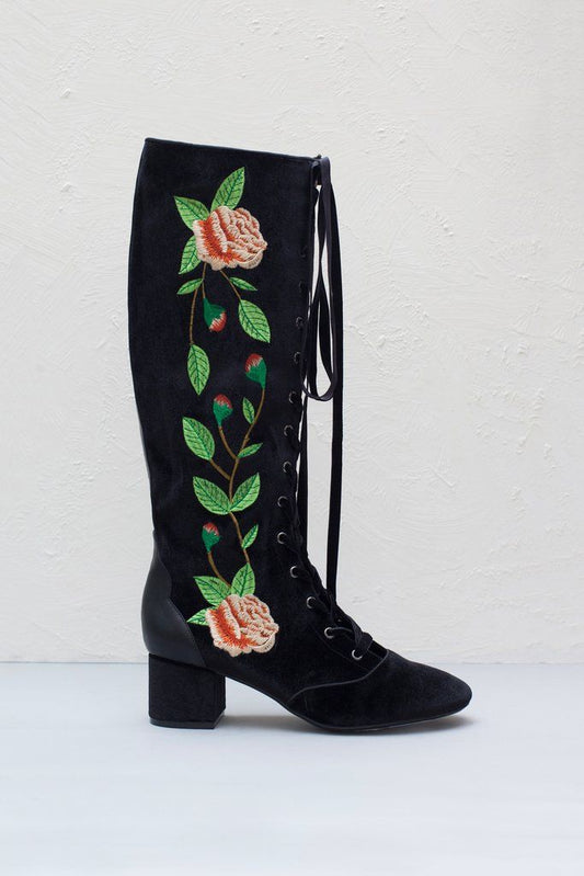 Sasha Black Velvet flower lace up boot - Imeldas Shoes Norwich